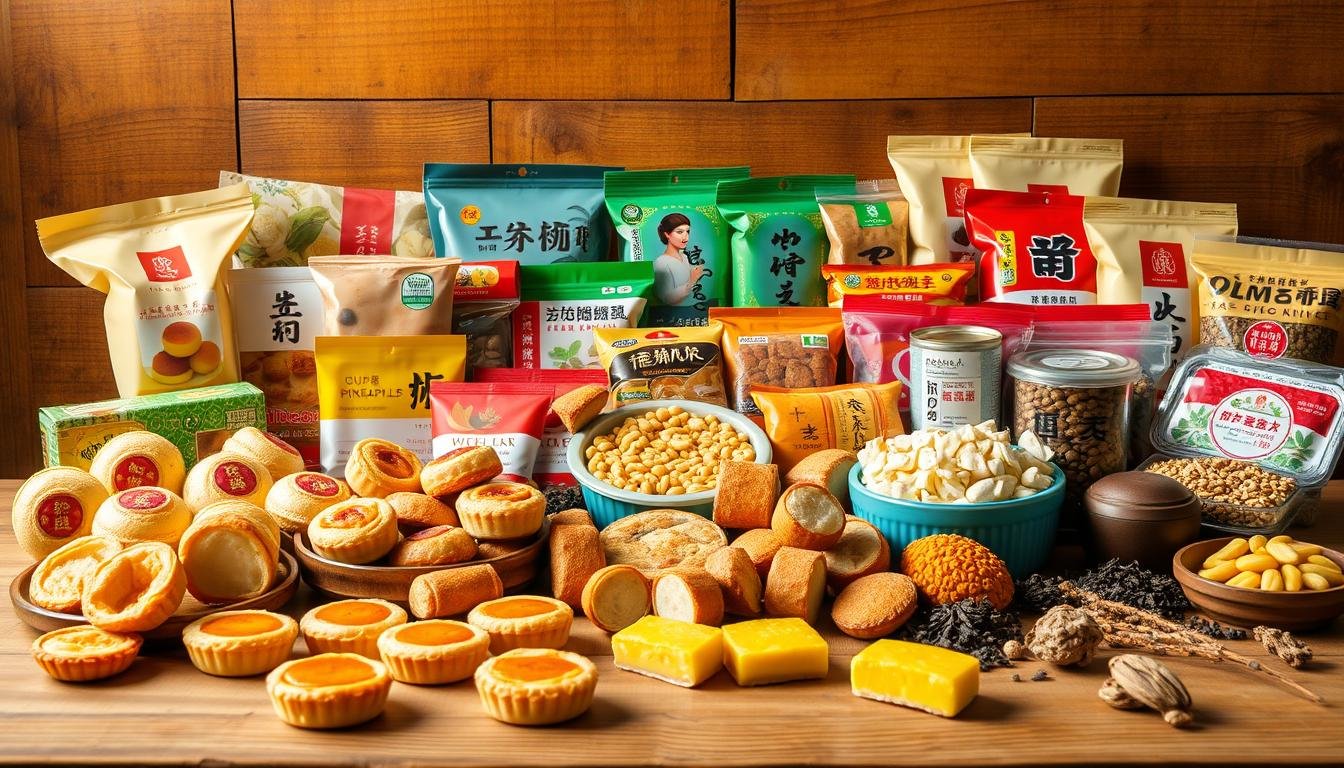 A vibrant still life showcasing an assortment of iconic Hong Kong-style snacks and delicacies. Arranged on a rustic wooden surface, the scene is bathed in warm, golden lighting that accentuates the rich colors and textures of the treats. In the foreground, a variety of traditional Hong Kong-style pastries and confections, such as egg tarts, pineapple buns, and coconut tarts, are carefully displayed. In the middle ground, an array of Chinese-style baked goods, like wife cake and mooncakes, sit alongside classic Hong Kong street food like curry fish balls and pineapple buns. The background features a selection of popular Hong Kong-made specialty food items, such as flavored nuts, dried fruits, and artisanal tea leaves, creating a visually captivating and mouthwatering display of Hong Kong's vibrant culinary heritage.