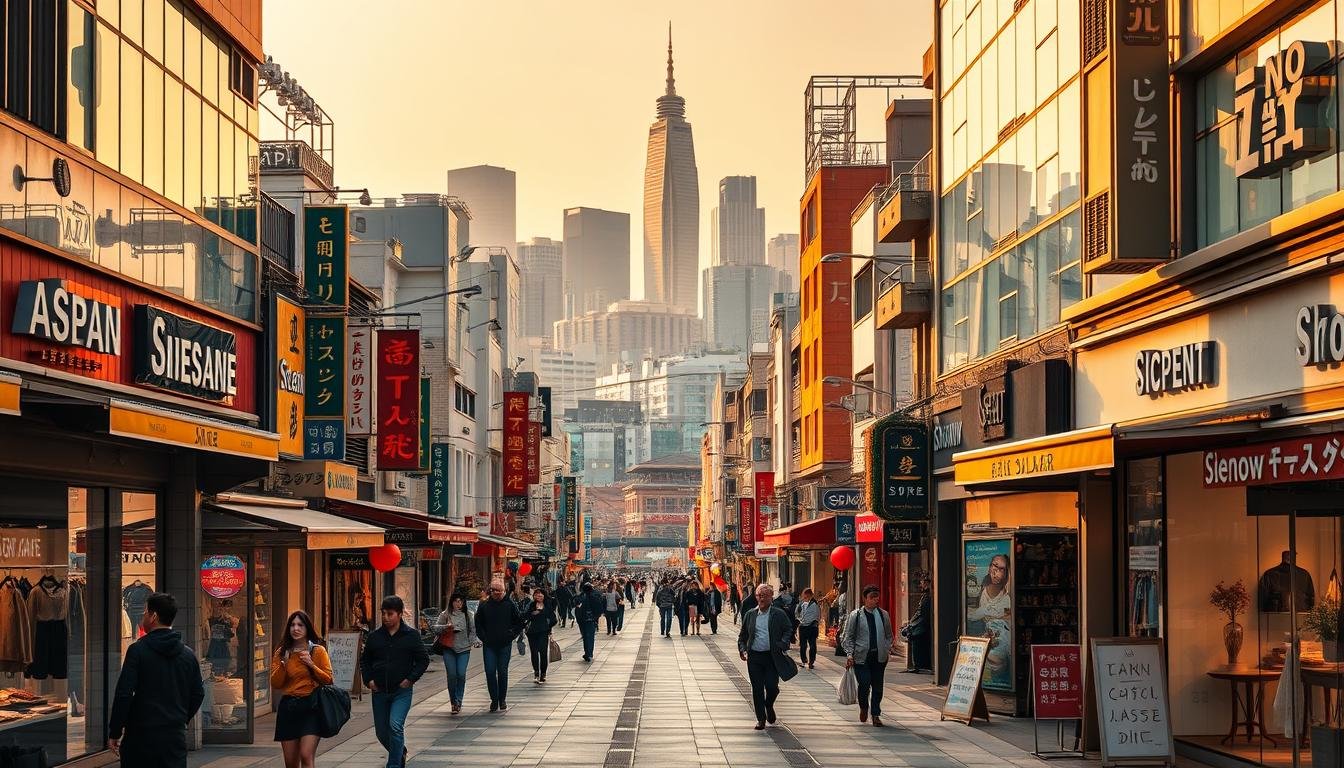 A vibrant street map of Seoul's premier shopping district, showcasing a bustling pedestrian thoroughfare lined with high-end fashion boutiques, trendy cafes, and local specialty stores. The scene is bathed in warm, golden light, lending a sense of energy and dynamism to the lively urban landscape. Pedestrians navigate the sidewalks, drawn in by the enticing window displays and the promise of the latest fashion trends. The middle ground features a mix of modern and traditional architectural styles, creating a visually captivating contrast. In the background, the iconic Seoul cityscape rises, punctuated by the silhouettes of towering skyscrapers and historic landmarks. The overall composition conveys the perfect blend of cosmopolitan sophistication and authentic Korean charm, inviting the viewer to immerse themselves in the heart of Seoul's thriving fashion district.