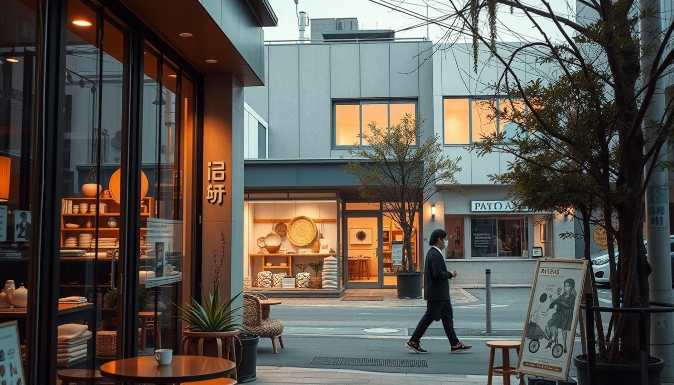 A vibrant street scene in Seoul, South Korea, capturing the essence of artistic living. In the foreground, a cozy cafe with floor-to-ceiling windows, inviting passersby to sip artisanal coffee and savor local pastries. The middle ground features a carefully curated boutique, its display windows showcasing a selection of handcrafted ceramics, textiles, and carefully selected design objects. In the background, a modern art gallery with a minimalist facade stands as a beacon of the city's thriving creative culture. Warm, diffused lighting bathes the scene, evoking a sense of tranquility and inspiration. The overall atmosphere conveys the perfect balance of art, design, and the joys of everyday living in Seoul. A vibrant street scene in Seoul, South Korea, capturing the essence of artistic living. In the foreground, a cozy cafe with floor-to-ceiling windows, inviting passersby to sip artisanal coffee and savor local pastries. The middle ground features a carefully curated boutique, its display windows showcasing a selection of handcrafted ceramics, textiles, and carefully selected design objects. In the background, a modern art gallery with a minimalist facade stands as a beacon of the city's thriving creative culture. Warm, diffused lighting bathes the scene, evoking a sense of tranquility and inspiration. The overall atmosphere conveys the perfect balance of art, design, and the joys of everyday living in Seoul.