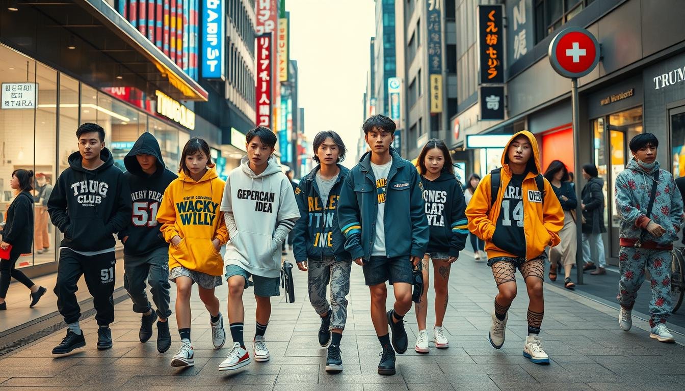 A vibrant street scene in Seoul, South Korea, showcasing the latest in Korean fashion trends. In the foreground, a group of young, stylish individuals strut down the sidewalk, adorned in a mix of contemporary streetwear and avant-garde designs from emerging Korean brands like Thug Club, Wacky Willy, 51PERCENT, GENERAL IDEA, and SATUR. The middle ground features a lively backdrop of modern architecture, neon-lit storefronts, and bustling pedestrian traffic, capturing the energy and dynamism of the Seoul fashion scene. Warm, diffused lighting illuminates the scene, creating a vibrant, youthful, and visually compelling atmosphere that reflects the cutting-edge, risk-taking spirit of the featured fashion labels.