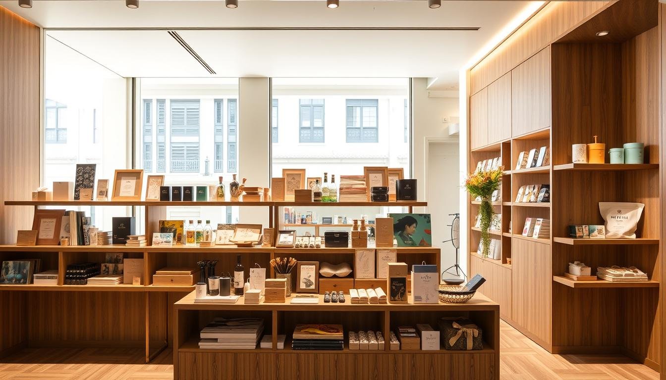 A vibrant, thematic gift guide displayed in an elegant, modern storefront setting. In the foreground, an assortment of thoughtfully curated local Hong Kong lifestyle products arranged on minimalist wooden shelves, their diverse designs and materials highlighting the city's cultural richness. The middle ground features a clean, warm-toned interior with large windows letting in natural light, casting a soft glow over the merchandise. In the background, a sleek, minimalist facade with subtle Hong Kong architectural elements hints at the store's location. The overall atmosphere conveys a sense of refined sophistication, inviting the viewer to explore the nuanced themes and carefully selected offerings tailored to different audiences, budgets, and occasions. A vibrant, thematic gift guide displayed in an elegant, modern storefront setting. In the foreground, an assortment of thoughtfully curated local Hong Kong lifestyle products arranged on minimalist wooden shelves, their diverse designs and materials highlighting the city's cultural richness. The middle ground features a clean, warm-toned interior with large windows letting in natural light, casting a soft glow over the merchandise. In the background, a sleek, minimalist facade with subtle Hong Kong architectural elements hints at the store's location. The overall atmosphere conveys a sense of refined sophistication, inviting the viewer to explore the nuanced themes and carefully selected offerings tailored to different audiences, budgets, and occasions.