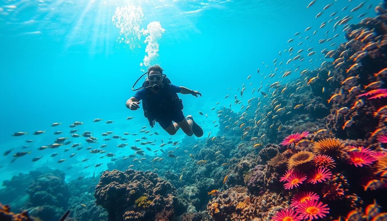 A vibrant underwater scene capturing the essence of Thailand's diving season. In the foreground, a diver gracefully navigates through a colorful coral reef, surrounded by schools of tropical fish in a mesmerizing dance. The middle ground reveals a sunlit water column, with shafts of light piercing the clear, turquoise waters, showcasing the exceptional visibility. In the background, a seamless horizon blends the sea and sky, creating a serene, tranquil atmosphere. The lighting is soft and diffused, evoking a sense of tranquility and wonder. The camera angle is slightly elevated, providing a panoramic view that immerses the viewer in the captivating underwater world.
