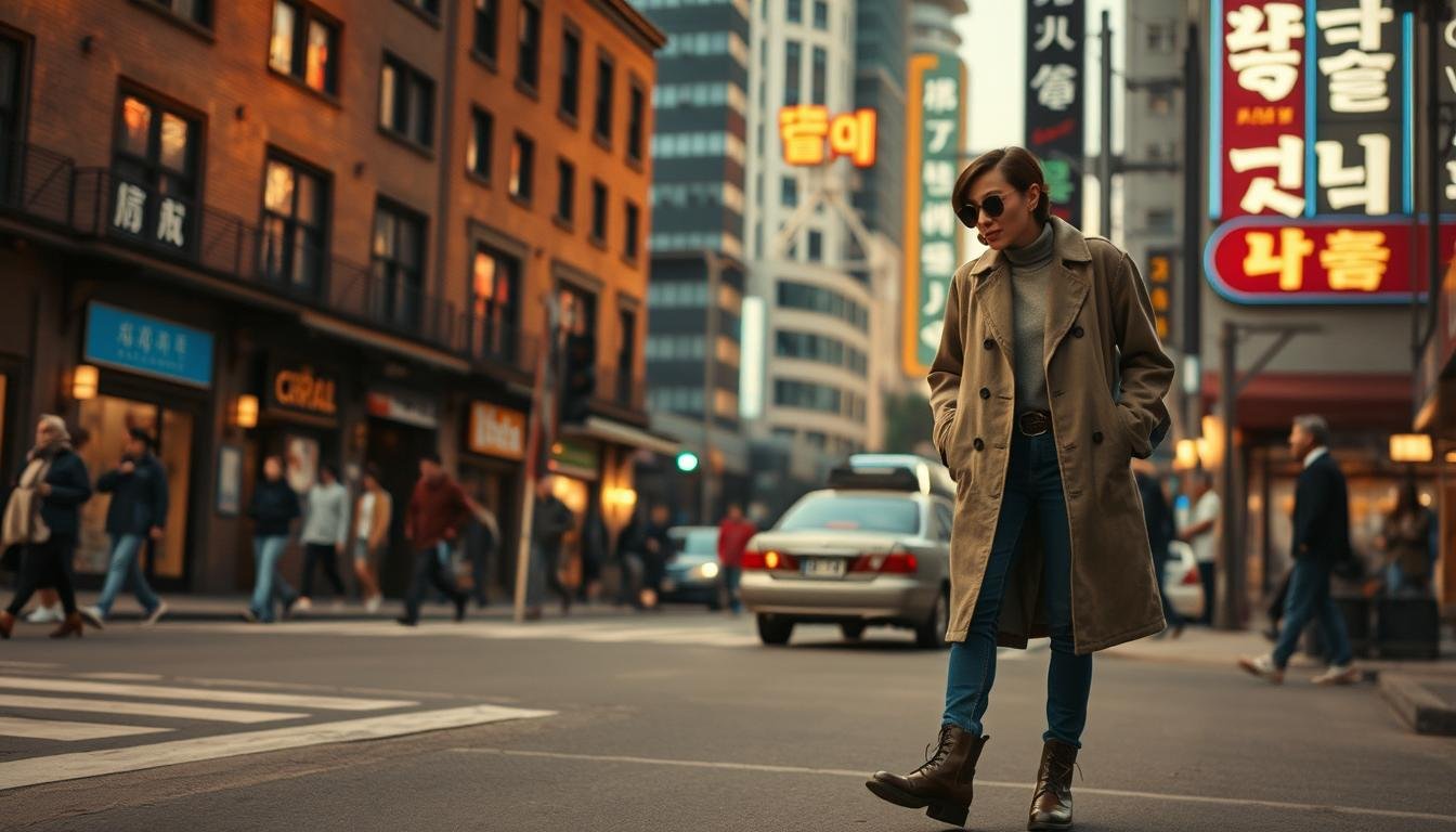 A vintage-inspired street fashion scene in Seoul, South Korea. In the foreground, a fashionable individual strolls by, wearing a retro-chic ensemble of a high-collared coat, slim-fit jeans, and vintage-style leather boots. The middle ground features a backdrop of historic brick buildings and neon-lit signage, capturing the city's eclectic blend of old and new. The lighting is warm and soft, casting a nostalgic glow over the scene. Pedestrians and vehicles move through the frame, creating a dynamic, lived-in atmosphere. The overall mood evokes a sense of timeless style and the vibrant, ever-evolving nature of Seoul's street fashion. A vintage-inspired street fashion scene in Seoul, South Korea. In the foreground, a fashionable individual strolls by, wearing a retro-chic ensemble of a high-collared coat, slim-fit jeans, and vintage-style leather boots. The middle ground features a backdrop of historic brick buildings and neon-lit signage, capturing the city's eclectic blend of old and new. The lighting is warm and soft, casting a nostalgic glow over the scene. Pedestrians and vehicles move through the frame, creating a dynamic, lived-in atmosphere. The overall mood evokes a sense of timeless style and the vibrant, ever-evolving nature of Seoul's street fashion.