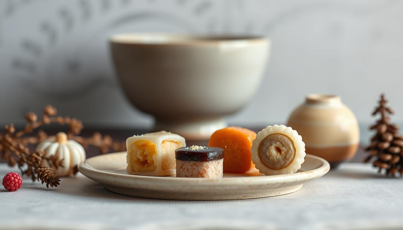 A visually captivating still life composition showcasing the delicate textures and mouthwatering appeal of traditional Japanese confections known as wagashi. In the foreground, an assortment of bite-sized wagashi, each a masterpiece of intricate design and subtle flavor, arranged on a simple, natural-toned ceramic plate. The middle ground features a graceful ceramic tea bowl, its delicate glaze complementing the elegant wagashi. In the background, a minimalist yet evocative backdrop, perhaps a subdued wall or soft, diffused lighting, creating a serene, contemplative atmosphere that invites the viewer to appreciate the artistry and cultural significance of these delectable Japanese sweets.