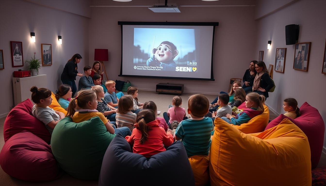 A warm and inviting scene of a film screening event for children with special educational needs (SEN). The event takes place in a cozy, well-lit indoor space, with a large projection screen at the front. Colorful beanbags and cushions are arranged in a semicircle, creating a comfortable and inclusive seating area. Diverse children, some with assistive devices, sit together engrossed in the film, while caring educators and volunteers facilitate the experience. The atmosphere is one of acceptance, collaboration, and joyful learning, reflecting the inclusive ethos of the "SEN友善放映" initiative. Soft, diffused lighting and a muted color palette create a calming, nurturing ambiance.
