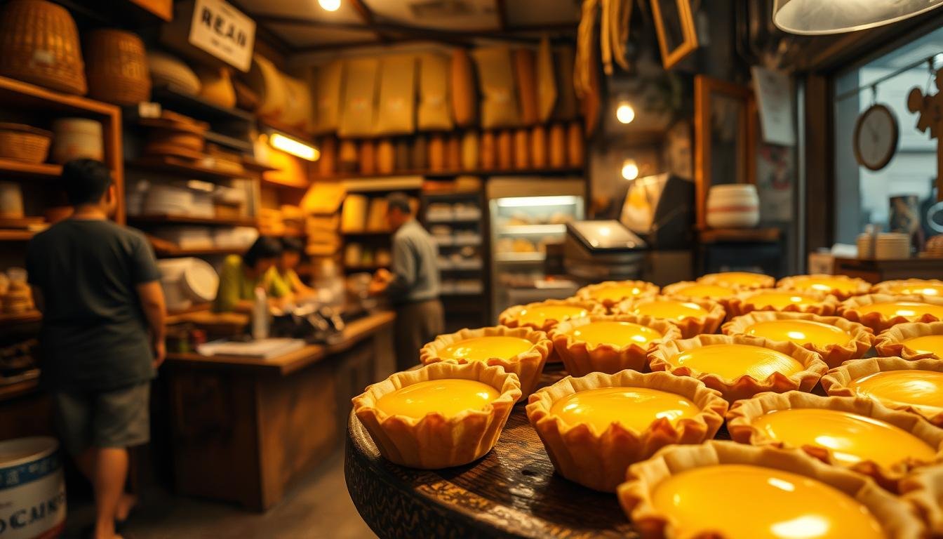 A warm, nostalgic scene of a traditional Hong Kong bakery. In the foreground, a display of freshly baked egg tarts, their flaky pastry cases and glistening custard filling. In the middle ground, a wooden counter where customers eagerly await their orders, the aroma of baking wafting through the air. In the background, the worn but charming interior of the shop, with vintage shelves, hanging dried goods, and a cluttered yet cozy atmosphere. Warm, golden lighting casts a soft glow, evoking the timeless essence of this Hong Kong institution. The overall mood is one of comfort, nostalgia, and the enduring spirit of local Hong Kong culture.