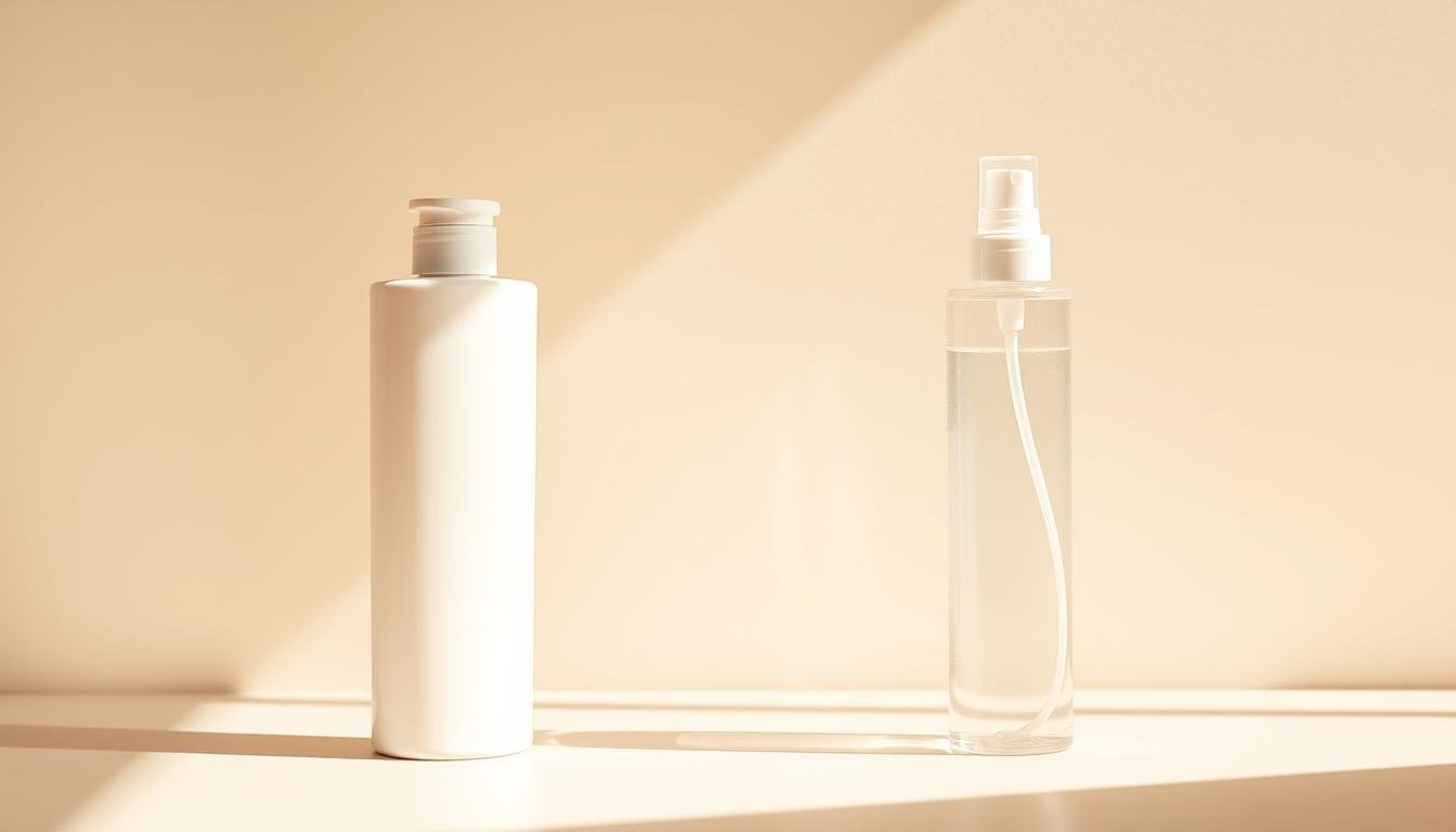 A well-designed and lightweight sunscreen lotion and mist set against a clean, minimalist background. The lotion is a smooth, creamy white in a sleek bottle, effortlessly blending into the skin. The mist is housed in a streamlined, ergonomic spray bottle, ready to provide a refreshing, non-greasy layer of protection. Warm, natural lighting illuminates the products, highlighting their premium, high-quality textures. The scene conveys a sense of effortless elegance and active, outdoor-ready functionality, perfectly suited for the "身體防曬精選：耐汗不黏笠的乳液與噴霧" section.