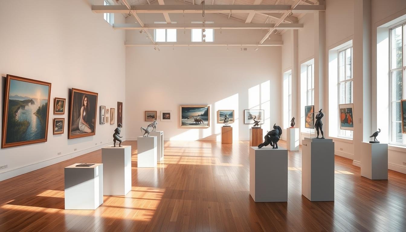 A well-lit gallery interior with high ceilings and bright, airy windows. On the walls, a curated selection of artworks - paintings, sculptures, and photographs - showcasing the diversity and talent of local and international artists. In the foreground, elegant display plinths and pedestals present the highlights of the current and upcoming exhibitions, casting subtle shadows on the polished hardwood floors. The lighting is a harmonious blend of natural daylight and warm, focused spotlights, creating a welcoming and contemplative atmosphere for visitors to explore the vibrant artistic landscape.