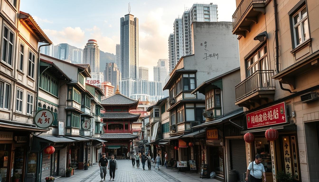A winding path through the historic streets of Hong Kong, lined with centuries-old buildings, colonial architecture, and vibrant local life. The foreground features a picturesque alleyway, with intricate facades, colorful shop signs, and pedestrians strolling leisurely. The middle ground showcases iconic landmarks like traditional temples and ornate shophouses, while the background is dominated by the dramatic skyline of towering skyscrapers, creating a captivating contrast between old and new. The scene is bathed in warm, golden light, casting long shadows and evoking a sense of timeless elegance. The overall composition emphasizes the rich cultural heritage and diverse urban landscape that defines the essence of Hong Kong's historic districts. A winding path through the historic streets of Hong Kong, lined with centuries-old buildings, colonial architecture, and vibrant local life. The foreground features a picturesque alleyway, with intricate facades, colorful shop signs, and pedestrians strolling leisurely. The middle ground showcases iconic landmarks like traditional temples and ornate shophouses, while the background is dominated by the dramatic skyline of towering skyscrapers, creating a captivating contrast between old and new. The scene is bathed in warm, golden light, casting long shadows and evoking a sense of timeless elegance. The overall composition emphasizes the rich cultural heritage and diverse urban landscape that defines the essence of Hong Kong's historic districts.