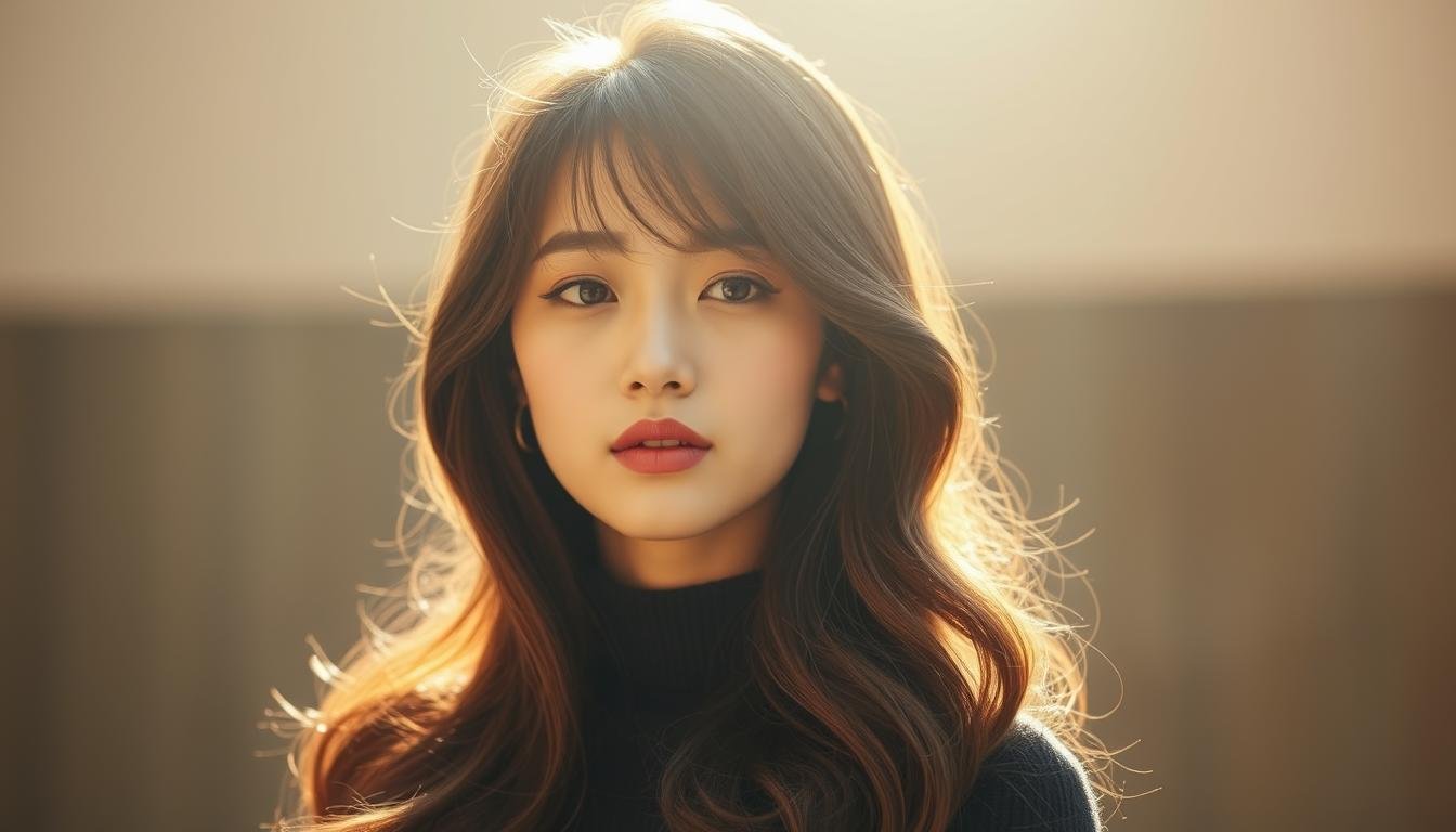 A young Korean woman with long, silky hair styled in a layered, wispy cut that frames her face and cascades down her shoulders. The lighting is soft and warm, creating a gentle, ethereal ambiance. The woman's expression is serene and thoughtful, capturing the essence of the Korean hair trend. The background is blurred, allowing the focus to remain on the intricate, flattering layers of her hairstyle. The overall mood is elegant, modern, and quintessentially Korean. A young Korean woman with long, silky hair styled in a layered, wispy cut that frames her face and cascades down her shoulders. The lighting is soft and warm, creating a gentle, ethereal ambiance. The woman's expression is serene and thoughtful, capturing the essence of the Korean hair trend. The background is blurred, allowing the focus to remain on the intricate, flattering layers of her hairstyle. The overall mood is elegant, modern, and quintessentially Korean.