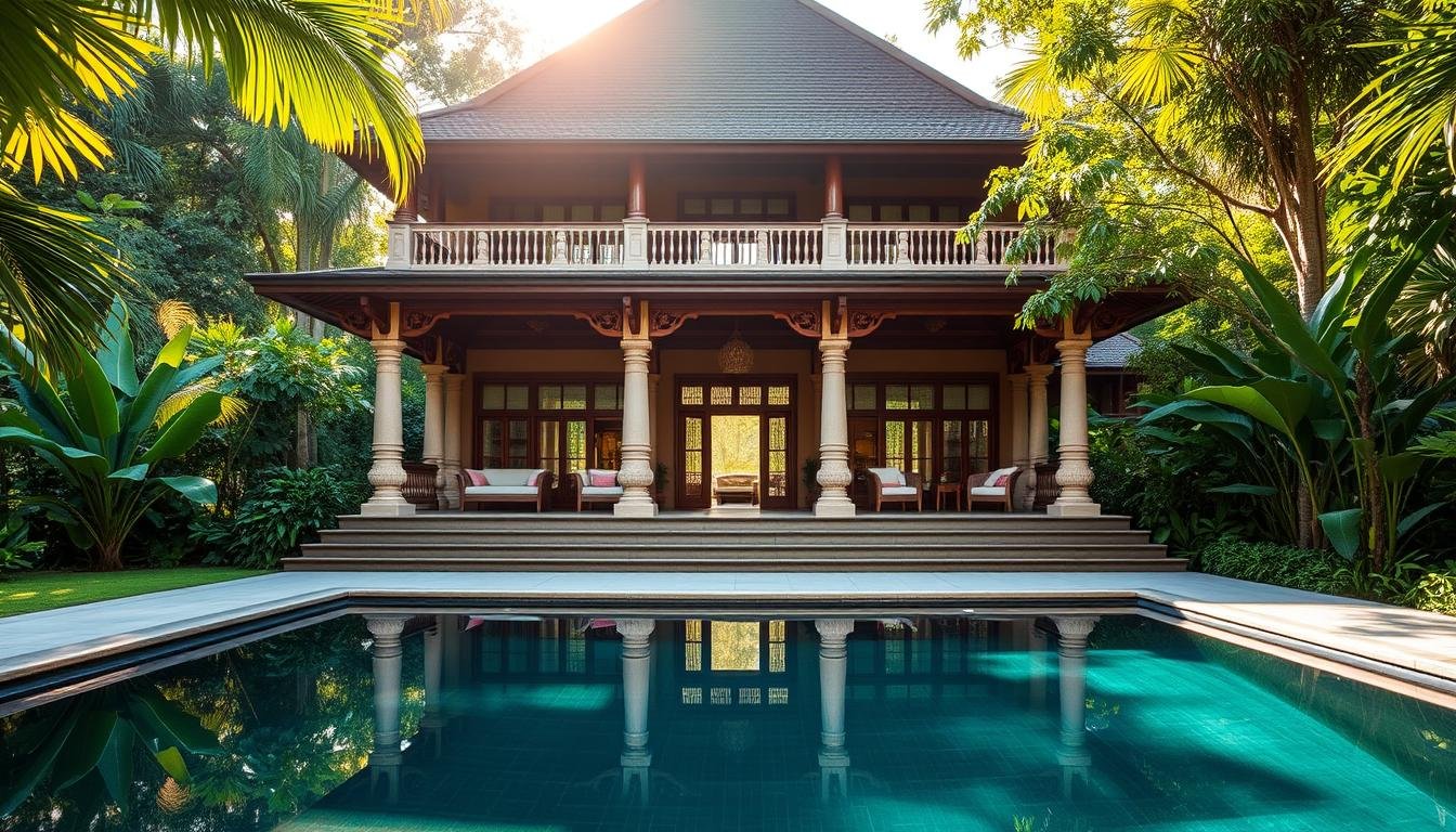 An elegant colonial-style villa nestled amidst lush tropical foliage, the 137 Pillars House in Chiang Mai exudes an air of refined luxury. A grand veranda supported by ornate pillars leads to a beautifully appointed interior, where intricate woodwork and plush furnishings evoke the charm of a bygone era. Sunlight filters through large windows, casting a warm glow across the scene. In the foreground, a private pool reflects the surrounding greenery, while a discreet personal butler stands ready to cater to every need. The overall atmosphere is one of refined tranquility, a peaceful oasis that promises an unparalleled 5-star experience. An elegant colonial-style villa nestled amidst lush tropical foliage, the 137 Pillars House in Chiang Mai exudes an air of refined luxury. A grand veranda supported by ornate pillars leads to a beautifully appointed interior, where intricate woodwork and plush furnishings evoke the charm of a bygone era. Sunlight filters through large windows, casting a warm glow across the scene. In the foreground, a private pool reflects the surrounding greenery, while a discreet personal butler stands ready to cater to every need. The overall atmosphere is one of refined tranquility, a peaceful oasis that promises an unparalleled 5-star experience.