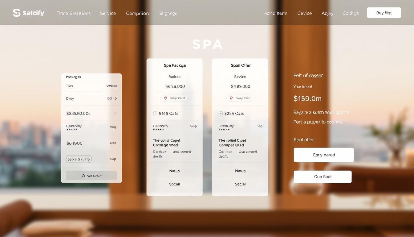 An elegant, modern-looking website interface showcasing a side-by-side comparison of different spa booking platforms, highlighting discounted packages and special offers. In the foreground, a clean, minimalist layout with columns displaying prices, ratings, and services. The middle ground features interactive icons and toggles for filtering and sorting options. In the background, a soft, blurred cityscape or natural landscape creates a serene, relaxing atmosphere. Warm, natural lighting casts a gentle glow across the scene, emphasizing the user-friendly, inviting nature of the spa booking experience.