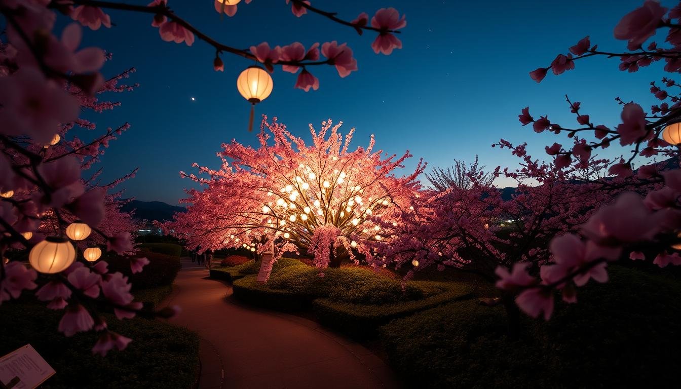 An elegant nighttime scene in Jinhae, South Korea, featuring a stunning display of cherry blossom lanterns illuminating the tranquil landscape. The soft, pink petals gently sway in the cool evening breeze, creating a serene and romantic atmosphere. In the foreground, a winding path leads visitors through a lush, verdant garden, inviting them to immerse themselves in the beauty of spring. The middle ground is dominated by the breathtaking lantern display, with hundreds of delicate, glowing orbs suspended from the branches, casting a warm, magical light across the scene. In the background, the silhouettes of distant mountains and a clear, starry sky provide a stunning natural backdrop, completing the captivating and picturesque Korean cherry blossom experience.