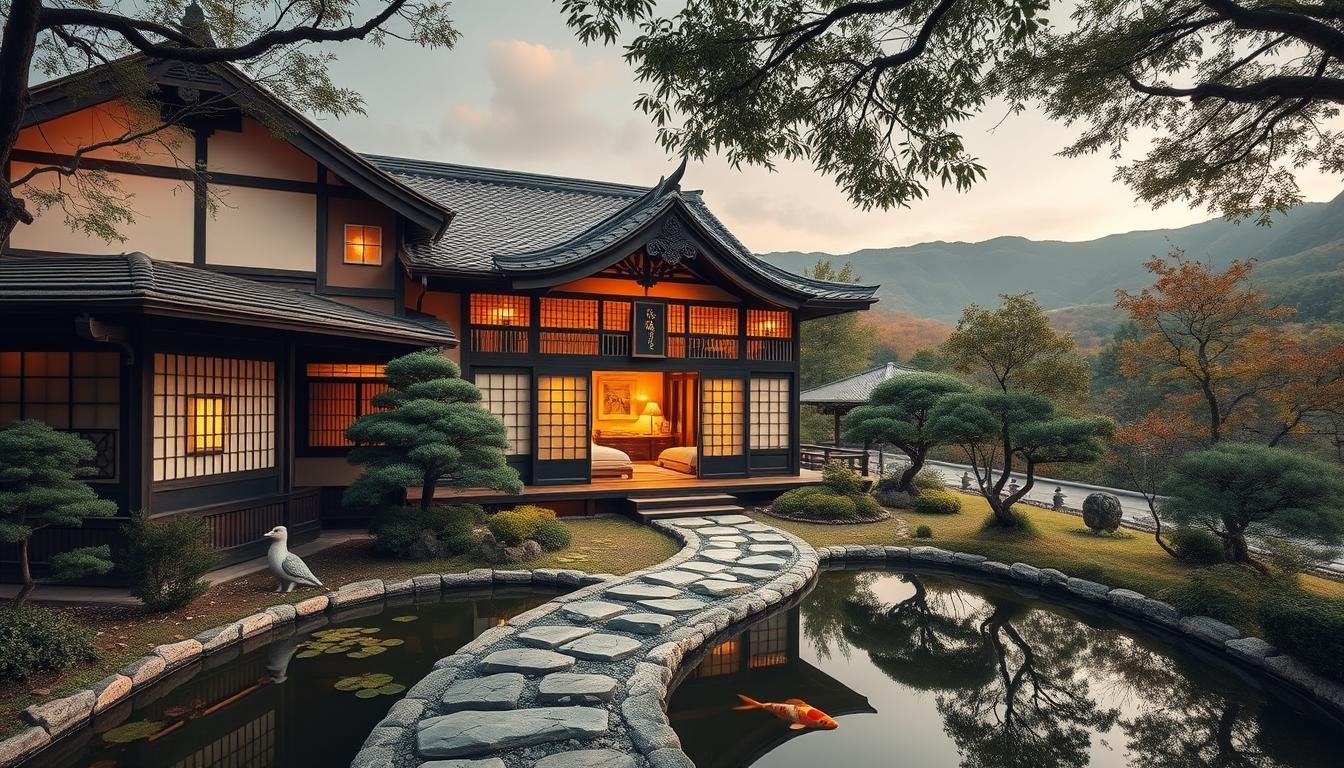 An elegant traditional Japanese inn, or "ryokan," nestled amidst a serene landscape of rolling hills and lush foliage. The inn's distinctive facade features a tiled roof, intricate wooden carvings, and paper-paneled screens that cast a warm, ambient glow. A tranquil koi pond reflects the inn's graceful architecture, while a path of stepping stones leads guests to the inviting entryway. The interior showcases traditional tatami mats, plush futon bedding, and exquisite Japanese artwork, creating a cozy, family-friendly atmosphere. Soft natural lighting filters through shoji screens, evoking a sense of timeless elegance and peace. An elegant traditional Japanese inn, or "ryokan," nestled amidst a serene landscape of rolling hills and lush foliage. The inn's distinctive facade features a tiled roof, intricate wooden carvings, and paper-paneled screens that cast a warm, ambient glow. A tranquil koi pond reflects the inn's graceful architecture, while a path of stepping stones leads guests to the inviting entryway. The interior showcases traditional tatami mats, plush futon bedding, and exquisite Japanese artwork, creating a cozy, family-friendly atmosphere. Soft natural lighting filters through shoji screens, evoking a sense of timeless elegance and peace.