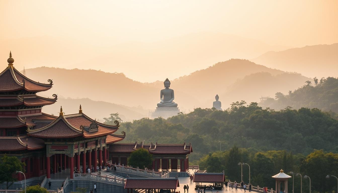 An expansive landscape of sacred landmarks in Taoyuan and Chiayi, Taiwan. In the foreground, a grand temple complex rises, its ornate architecture and vibrant hues commanding attention. Intricate carvings and statues adorn the entryway, inviting visitors to embark on a journey of spiritual contemplation. In the middle ground, the silhouettes of towering Buddha statues emerge, their serene expressions conveying a sense of timeless wisdom. The background features rolling hills and verdant forests, creating a harmonious blend of natural and man-made wonders. Warm, diffused lighting casts a soft, golden glow, evoking a serene and contemplative atmosphere. The overall scene captures the essence of the region's unique and captivating religious heritage, inviting the viewer to immerse themselves in the profound cultural and spiritual experiences it offers.