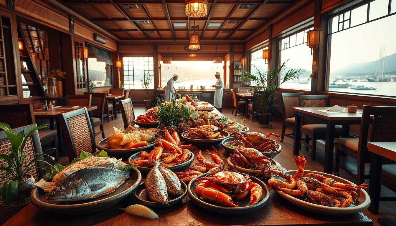 An inviting traditional seafood restaurant with a cozy, old-world atmosphere. A warm, amber-lit interior featuring rattan furnishings, wooden accents, and traditional Chinese decor. In the foreground, a diverse array of fresh, glistening seafood dishes - steamed fish, grilled prawns, and sizzling crabs - sit atop a long wooden table, surrounded by lush greenery and bamboo accents. The middle ground showcases a bustling open kitchen, where chefs in crisp white uniforms skillfully prepare the delectable dishes. The background features large windows overlooking a picturesque harbor, casting a soft, golden glow across the scene. An inviting and authentic atmosphere that evokes the flavors of traditional Singaporean and Malaysian cuisines. An inviting traditional seafood restaurant with a cozy, old-world atmosphere. A warm, amber-lit interior featuring rattan furnishings, wooden accents, and traditional Chinese decor. In the foreground, a diverse array of fresh, glistening seafood dishes - steamed fish, grilled prawns, and sizzling crabs - sit atop a long wooden table, surrounded by lush greenery and bamboo accents. The middle ground showcases a bustling open kitchen, where chefs in crisp white uniforms skillfully prepare the delectable dishes. The background features large windows overlooking a picturesque harbor, casting a soft, golden glow across the scene. An inviting and authentic atmosphere that evokes the flavors of traditional Singaporean and Malaysian cuisines.