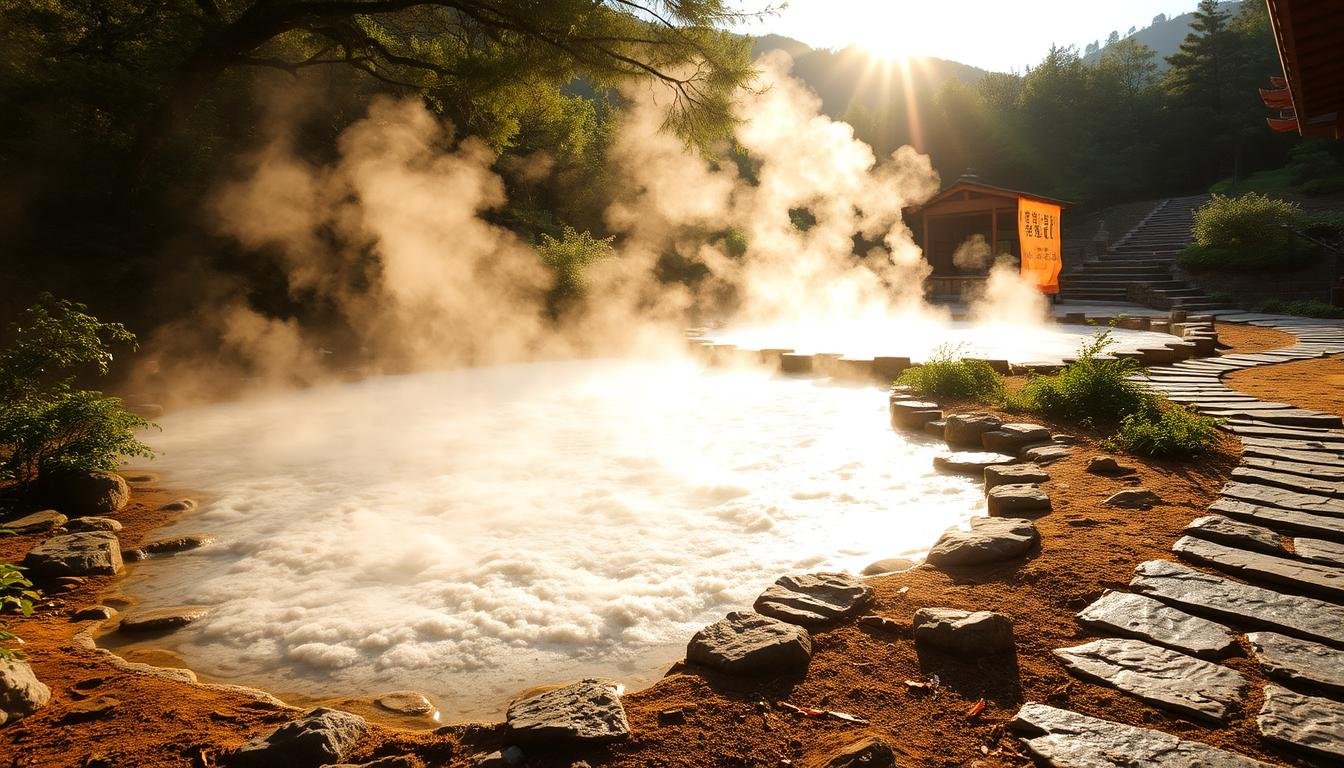 An outdoor carbonated spring complex, nestled amidst lush vegetation and a serene natural landscape. The steaming, mineral-rich waters bubble up from the earth, creating a captivating visual spectacle. Sunlight filters through the trees, casting a warm, golden glow over the scene. Stone pathways wind through the area, inviting visitors to explore the tranquil surroundings. In the distance, a traditional wooden structure stands, hinting at the cultural significance of this geothermal wonderland. The atmosphere is one of serenity and rejuvenation, perfectly capturing the essence of a Japanese onsen experience. An outdoor carbonated spring complex, nestled amidst lush vegetation and a serene natural landscape. The steaming, mineral-rich waters bubble up from the earth, creating a captivating visual spectacle. Sunlight filters through the trees, casting a warm, golden glow over the scene. Stone pathways wind through the area, inviting visitors to explore the tranquil surroundings. In the distance, a traditional wooden structure stands, hinting at the cultural significance of this geothermal wonderland. The atmosphere is one of serenity and rejuvenation, perfectly capturing the essence of a Japanese onsen experience.