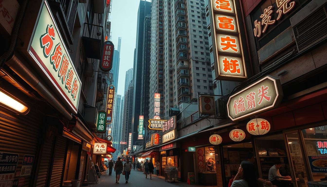 Bustling streets of Mong Kok East, filled with vibrant night markets and the tantalizing aromas of local delicacies. In the foreground, a quaint alleyway lined with hole-in-the-wall eateries, their neon signs beckoning passersby. Weathered facades and narrow shopfronts exude an authentic, lived-in charm. The middle ground showcases the iconic architecture of the area, with towering high-rises and neon-lit signs casting a warm glow over the scene. In the background, the silhouettes of the surrounding skyscrapers loom, creating a sense of urban density and energy. The lighting is a harmonious blend of natural and artificial, highlighting the vibrant colors and textures of the environment. A cinematic, wide-angle lens captures the essence of this beloved Hong Kong neighborhood, inviting the viewer to immerse themselves in the local food scene and experience the true spirit of Mong Kok East.