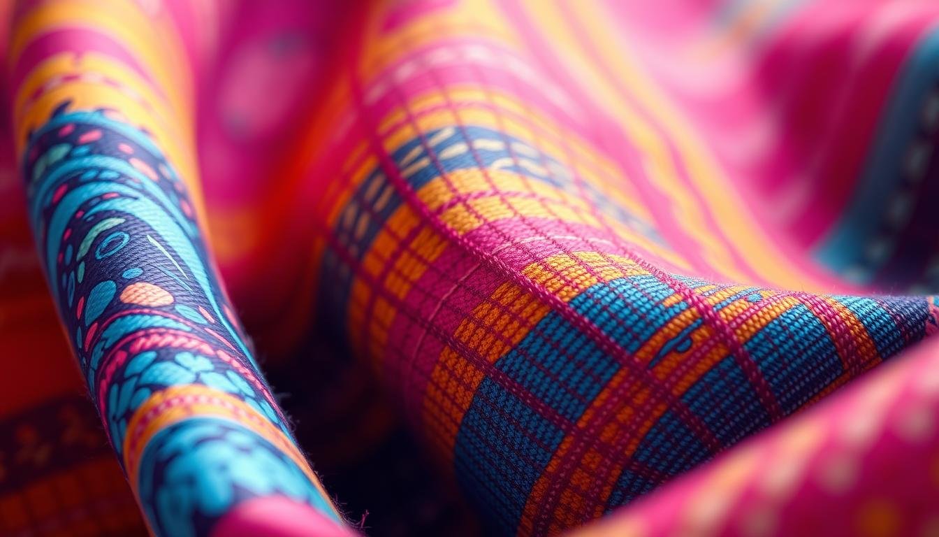 Detailed close-up of a vibrant, colorful fabric texture with intricate woven patterns, resembling a face mask. The fabric has a slightly shimmering, silky appearance, enhanced by soft, warm lighting from the side. The overall composition emphasizes the abstract, decorative nature of the textile design, creating a visually captivating and inviting image. The background is blurred, placing the focus entirely on the tactile, sensory qualities of the material. The image conveys a sense of luxury, sophistication and attention to detail, reflecting the premium nature of the product being showcased.