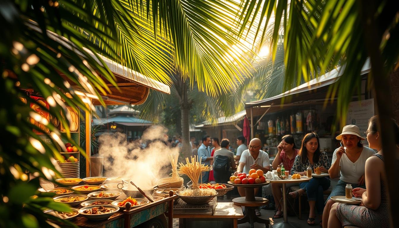 Lush tropical foliage frames a vibrant Thai street food scene. In the foreground, a vendor's cart overflows with fragrant, colorful dishes - steaming curries, sizzling noodles, and vibrant fruits. Diners sit at low tables, engaging their senses - hands delicately handling utensils, mouths savoring complex flavors, noses catching alluring aromas. Warm, diffused sunlight filters through swaying palm fronds, casting a golden glow. The atmosphere buzzes with the joyful chatter of locals and visitors, eager to immerse themselves in this multisensory culinary adventure. This is the essence of Thailand's captivating "five senses" food experience.
