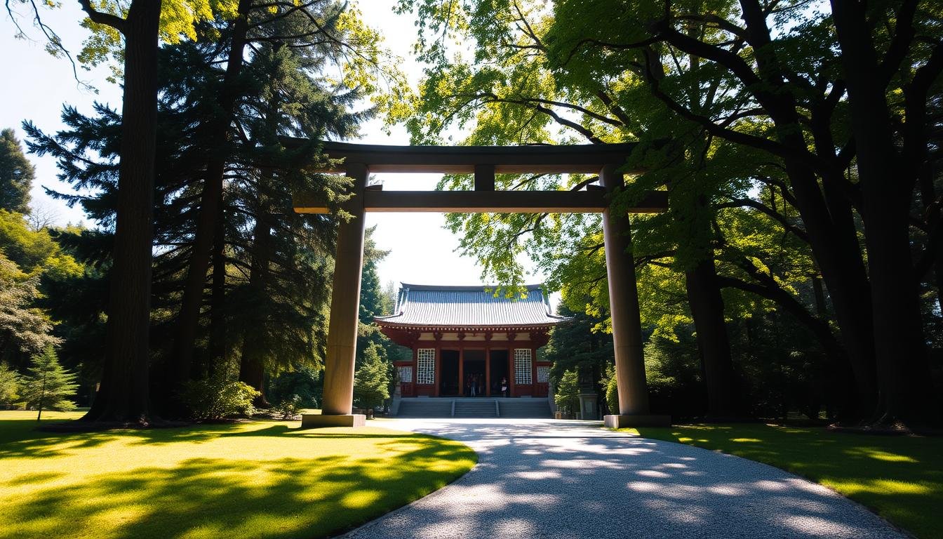 Serene landscape of Meiji Shrine in Tokyo, Japan, on a sunny day. The historic Torii gate stands tall, framing the lush greenery and the iconic Honden (main shrine building) in the background. Dappled sunlight filters through the towering trees, casting a warm, tranquil glow over the scene. In the foreground, a gravel path winds invitingly, beckoning visitors to explore the peaceful grounds and experience the sacred energy of this revered Shinto shrine. The atmosphere emanates a sense of timeless tradition and contemplative solitude, capturing the essence of Tokyo's cherished urban oasis.