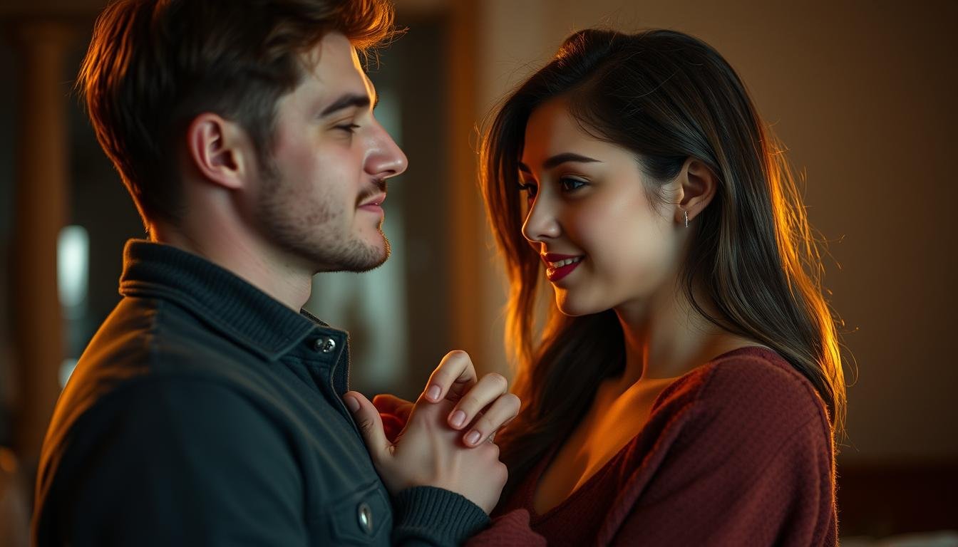 Two people in a thoughtful, emotional chemistry - a captivating couple standing close, their body language and facial expressions conveying the depth of their connection. Soft, warm lighting illuminates their faces, creating an intimate, almost cinematic atmosphere. The background is subtly blurred, allowing the viewer to focus on the subtle interplay between the two individuals. Tender gestures, a shared gaze, and a sense of vulnerability and trust permeate the scene, evoking the essence of a transformative, healing romantic dynamic.