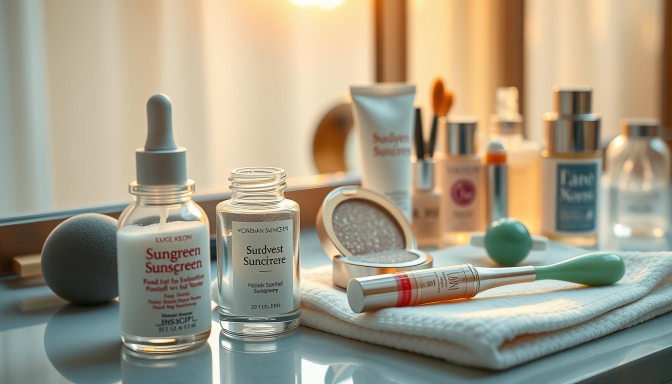 A beautifully lit vanity table with an array of Korean skincare and makeup products arranged in a visually pleasing manner. In the foreground, a glass jar of sunscreen with an elegant dropper sits next to a makeup sponge and a makeup brush. In the middle ground, a shimmering highlighter compact, a tinted lip balm, and a small jade facial roller rest on a crisp white towel. The background features a softly blurred window, allowing warm natural light to bathe the scene in a golden glow, creating a tranquil and luxurious atmosphere.