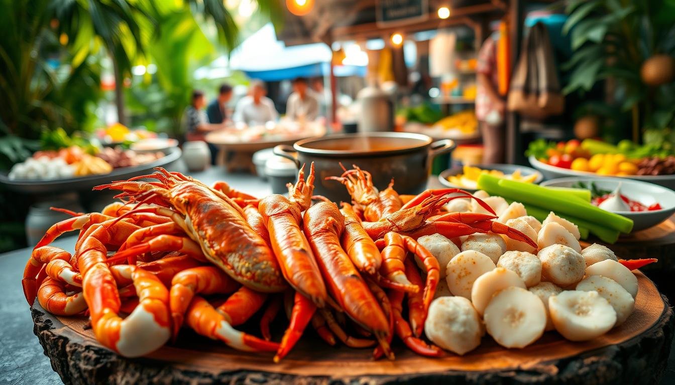 A bountiful seafood feast set against a lush, tropical backdrop. In the foreground, a vibrant array of fresh crustaceans, including succulent crab claws, glistening prawns, and tender scallops, arranged artfully on a rustic wooden platter. The middle ground features a simmering pot of rich, fragrant Thai red curry, its fragrant aromas wafting through the air. In the background, a bustling open-air market, with vendors selling an assortment of local produce and vibrant spices, sets the scene for this authentic Thai culinary experience. Soft, warm lighting casts a golden glow, creating a cozy, intimate atmosphere perfect for savoring every delectable morsel.