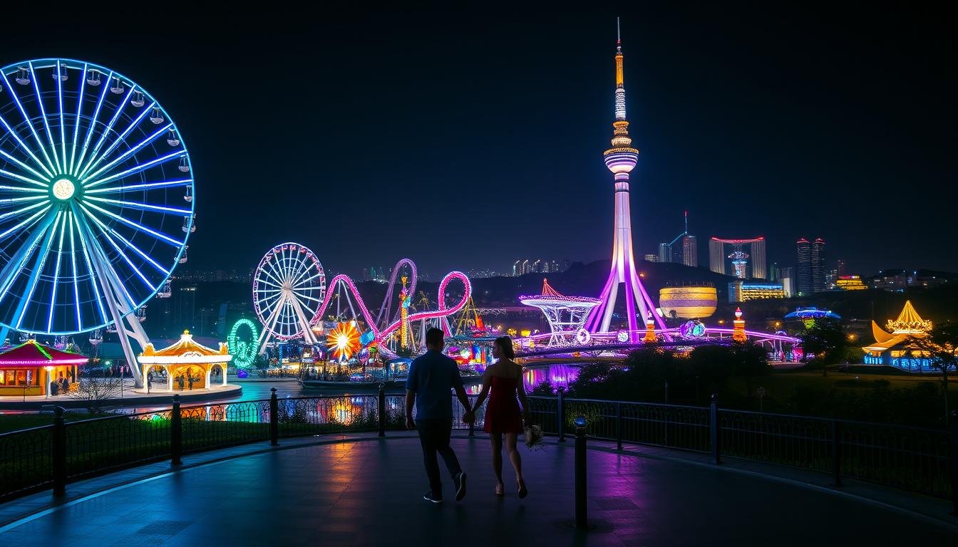 A breathtaking nightscape of Daegu's E-World theme park, illuminated by a dazzling display of colorful lights and shimmering reflections. In the foreground, a romantic couple strolls hand-in-hand, captivated by the enchanting atmosphere. The middle ground features towering ferris wheels and roller coasters, their sleek designs casting long shadows across the landscape. The background showcases the city skyline, with the iconic E-World tower standing tall and proud, its illuminated spire casting a warm glow over the entire scene. The image is captured with a wide-angle lens, emphasizing the grand scale and scope of this thrilling, yet serene, nighttime destination.