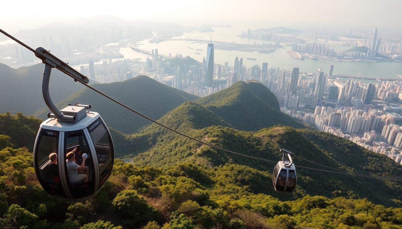 A breathtaking panoramic view from the summit of Tai Ping Shan, Hong Kong's iconic mountain. In the foreground, a sleek, modern cable car glides effortlessly, transporting visitors to the peak. The middle ground reveals lush, verdant foliage and winding hiking trails, beckoning adventurous travelers. In the distance, the iconic skyline of Hong Kong Island rises, its towering skyscrapers and bustling streets a testament to the city's dynamic energy. The scene is bathed in warm, golden light, creating a serene and contemplative atmosphere. A truly magnificent vantage point to take in the grandeur of this vibrant metropolis.