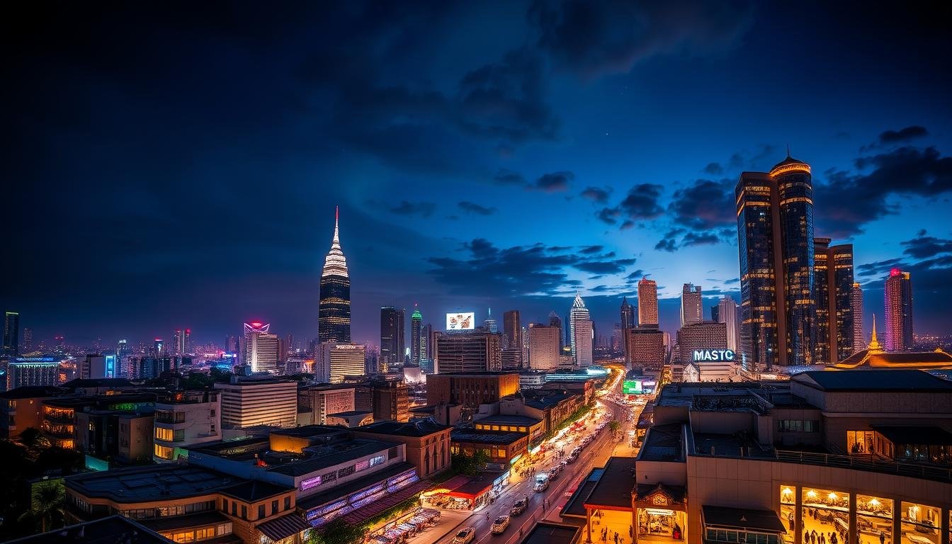 A breathtaking panoramic view of the Bangkok skyline at night. Towering skyscrapers pierce the inky blackness, their glass facades reflecting the vibrant neon lights below. In the foreground, bustling streets come alive with the energy of the city - lively bars, chic rooftop lounges, and crowded night markets. The sky is a tapestry of deep blues and purples, dotted with the twinkling of distant stars. Warm, golden light spills out from windows and doorways, casting a cozy glow over the urban landscape. The scene exudes a captivating blend of modernity and timeless allure, inviting the viewer to immerse themselves in the pulsing rhythm of Bangkok's electrifying nightlife.