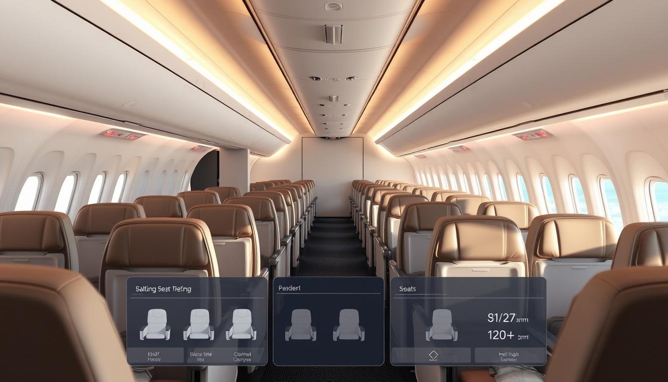 A bright and airy cabin interior with rows of comfortable, modern airline seats. The seats are arranged in a clear, organized layout, with ample legroom and personal space for each passenger. The cabin walls feature sleek, minimalist design elements, creating a sense of sophistication and efficiency. Large, panoramic windows allow natural light to flood the space, while subtle overhead lighting casts a warm, inviting glow. In the foreground, a user-friendly digital interface displays detailed seat selection options and passenger information, allowing for a seamless and personalized booking experience. The overall atmosphere conveys a sense of professionalism, comfort, and attention to the needs of the modern air traveler.