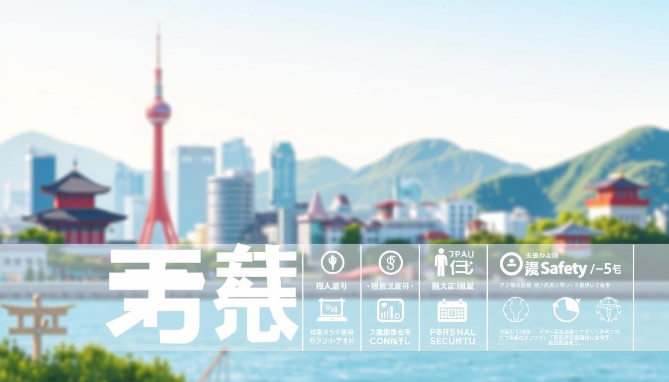 A bright and informative travel safety guide for South Korea, captured in a clean, modern design. The foreground features a bold title "韓國旅遊安全指南" rendered in a crisp, legible typeface. Behind it, an abstract cityscape with iconic Korean landmarks like the N Seoul Tower and traditional hanok buildings, illuminated by warm, natural lighting. The middle ground showcases a series of concise safety icons and infographics, providing practical guidance on topics like emergency contacts, healthcare, and personal security. The background blends serene landscapes, from coastal shores to verdant mountains, conveying the sense of adventure and tranquility that South Korea offers. An inviting, visually striking illustration to accompany the "Safety and Emergency" section of the travel guide.