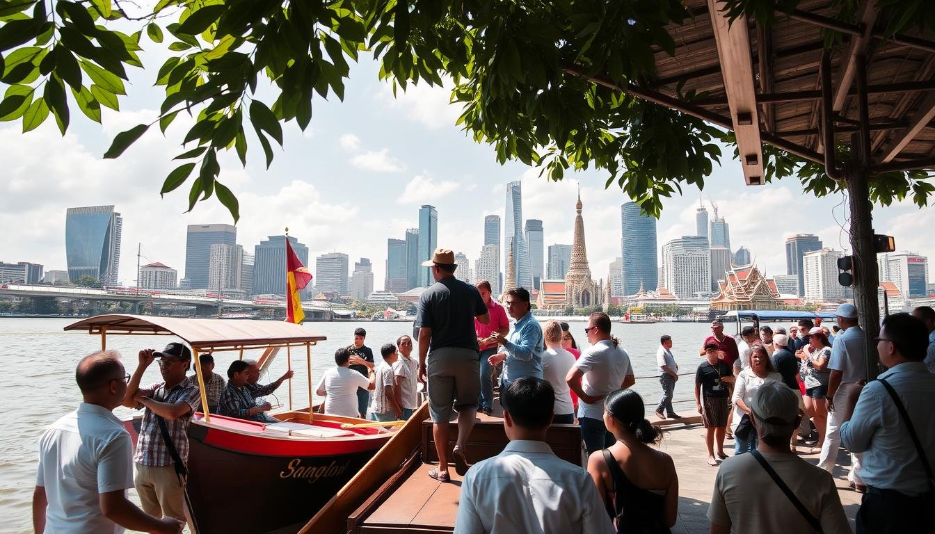 A bustling Bangkok riverside pier, sun-dappled and alive with the activity of travelers. In the foreground, a group of passengers carefully board a traditional long-tail boat, their movements choreographed with practiced ease. The vessel's sleek wooden hull and vibrant trim gleam under the warm tropical light. In the middle ground, onlookers gather, their faces animated with anticipation. The background reveals the iconic Bangkok skyline, its skyscrapers and historic temples creating a dramatic cityscape. The scene conveys a sense of adventure, local culture, and the rituals of urban exploration by water. A bustling Bangkok riverside pier, sun-dappled and alive with the activity of travelers. In the foreground, a group of passengers carefully board a traditional long-tail boat, their movements choreographed with practiced ease. The vessel's sleek wooden hull and vibrant trim gleam under the warm tropical light. In the middle ground, onlookers gather, their faces animated with anticipation. The background reveals the iconic Bangkok skyline, its skyscrapers and historic temples creating a dramatic cityscape. The scene conveys a sense of adventure, local culture, and the rituals of urban exploration by water.