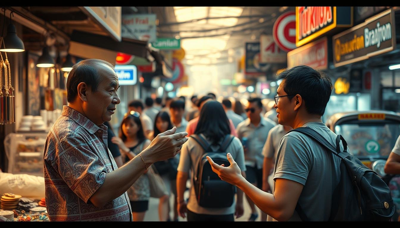 A bustling Bangkok street scene, captured in a high-contrast, cinematic style. In the foreground, a haggling negotiation between a local vendor and a tourist, their hands gesturing animatedly as they discuss the price. The vendor, wearing a traditional Thai shirt, holds up an item for sale, while the tourist, backpack-clad, examines it intently. In the middle ground, passersby weave through the stalls, some pausing to observe the bargaining. The background is filled with a hazy mix of shop signage, street food carts, and the iconic tuk-tuks. Warm, golden lighting filters through the scene, casting dramatic shadows and highlighting the dynamic interactions. The overall mood conveys the vibrant haggling culture and the push-and-pull of Thai consumerism.