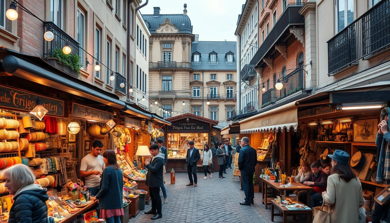 A bustling European-inspired flea market in the heart of Tokyo's Akasaka district. Rows of quaint stalls offer an eclectic mix of vintage goods, antiques, and handcrafted wares, bathed in the warm glow of string lights overhead. In the foreground, shoppers browse through a colorful assortment of textiles, ceramics, and trinkets, while in the middle ground, a charming cafe serves steaming cups of coffee and pastries. The background is framed by the historic architecture of the neighborhood, with cobblestone paths and ornate facades evoking the ambiance of a European town square. A sense of old-world wonder and discovery permeates the scene, inviting visitors to immerse themselves in the unique cultural fusion of this beloved Tokyo marketplace. A bustling European-inspired flea market in the heart of Tokyo's Akasaka district. Rows of quaint stalls offer an eclectic mix of vintage goods, antiques, and handcrafted wares, bathed in the warm glow of string lights overhead. In the foreground, shoppers browse through a colorful assortment of textiles, ceramics, and trinkets, while in the middle ground, a charming cafe serves steaming cups of coffee and pastries. The background is framed by the historic architecture of the neighborhood, with cobblestone paths and ornate facades evoking the ambiance of a European town square. A sense of old-world wonder and discovery permeates the scene, inviting visitors to immerse themselves in the unique cultural fusion of this beloved Tokyo marketplace.