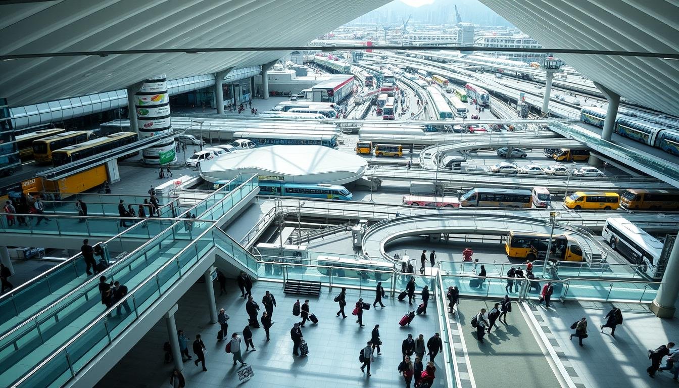 A bustling Hong Kong International Airport, captured from an overhead perspective. In the foreground, travelers navigate through a well-organized network of pedestrian walkways, their luggage in tow. The middle ground showcases the terminal's impressive architecture, with its iconic glass-and-steel design allowing natural light to flood the space. Towards the background, a complex web of roadways and transportation hubs, including buses, trains, and taxis, connect the airport to the surrounding city. The scene conveys a sense of efficiency and connectivity, reflecting the airport's role as a vital gateway and transportation hub. The lighting is bright and natural, creating a clean, modern atmosphere that enhances the viewer's experience of the scene. A bustling Hong Kong International Airport, captured from an overhead perspective. In the foreground, travelers navigate through a well-organized network of pedestrian walkways, their luggage in tow. The middle ground showcases the terminal's impressive architecture, with its iconic glass-and-steel design allowing natural light to flood the space. Towards the background, a complex web of roadways and transportation hubs, including buses, trains, and taxis, connect the airport to the surrounding city. The scene conveys a sense of efficiency and connectivity, reflecting the airport's role as a vital gateway and transportation hub. The lighting is bright and natural, creating a clean, modern atmosphere that enhances the viewer's experience of the scene.