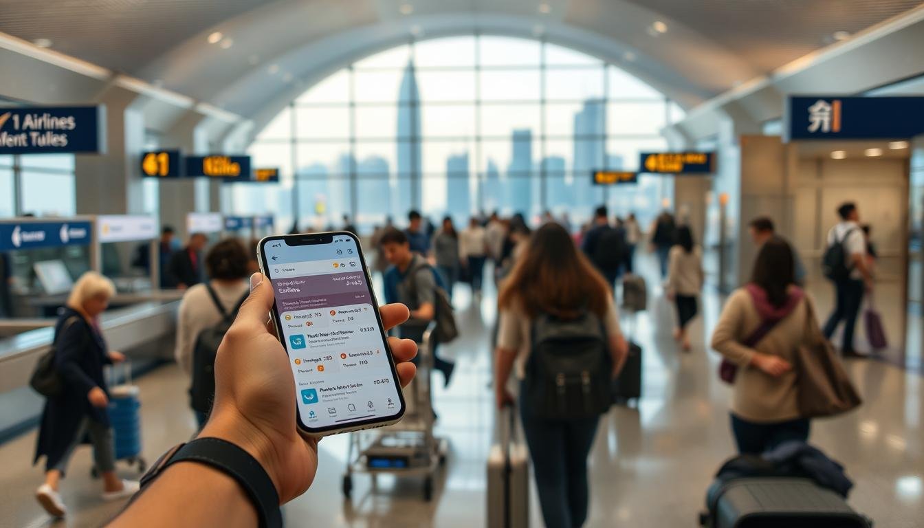 A bustling Hong Kong airport scene, with passengers navigating through the terminal. In the foreground, a traveler holds up a smartphone, examining a flight booking app and airline promotion codes. Soft, diffused lighting creates a warm, inviting atmosphere. The middle ground features airline counters, luggage carts, and wayfinding signage, capturing the dynamic energy of the travel hub. In the background, the iconic Hong Kong skyline is visible through large windows, adding a sense of place and context. The overall composition conveys the strategic use of airline discounts and the efficient, modern experience of booking Hong Kong air travel.
