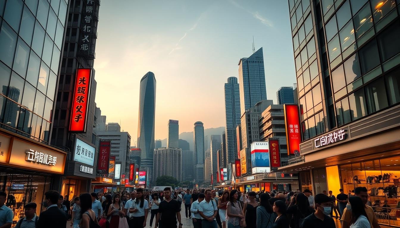 A bustling Hong Kong shopping district, bathed in warm evening light. In the foreground, a lively street scene with neon-lit store fronts, crowded with well-dressed shoppers carrying bags from high-end boutiques. In the middle ground, towering skyscrapers and gleaming office towers rise up, framing the scene. The background is a hazy skyline punctuated by the iconic silhouettes of Victoria Peak and Kowloon Peninsula. The atmosphere is one of vibrant consumerism, glamour, and the fast-paced energy of a global financial and retail hub. A bustling Hong Kong shopping district, bathed in warm evening light. In the foreground, a lively street scene with neon-lit store fronts, crowded with well-dressed shoppers carrying bags from high-end boutiques. In the middle ground, towering skyscrapers and gleaming office towers rise up, framing the scene. The background is a hazy skyline punctuated by the iconic silhouettes of Victoria Peak and Kowloon Peninsula. The atmosphere is one of vibrant consumerism, glamour, and the fast-paced energy of a global financial and retail hub.