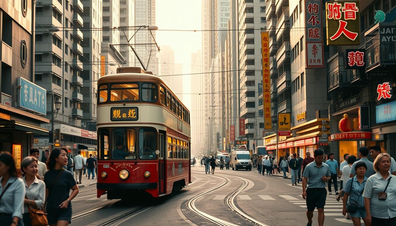 A bustling Hong Kong street scene, with the iconic double-decker trams gliding smoothly along the tracks. The tram's sleek and vintage design stands out against the towering high-rises and neon signs in the background, capturing the essence of the city's unique transportation and cultural heritage. The scene is bathed in warm, golden light, casting a nostalgic glow over the urban landscape. In the foreground, pedestrians and local residents go about their daily lives, adding to the vibrant, lived-in atmosphere. The composition emphasizes the tram as the central focus, highlighting its role as a beloved symbol of Hong Kong's enduring identity and modernity.