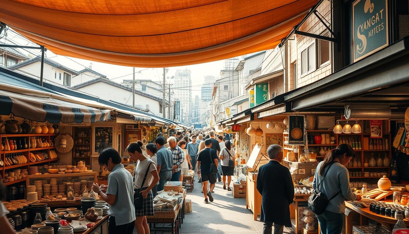 A bustling Japanese artisan market set against the backdrop of a traditional neighborhood in Tokyo. Vibrant stalls lined with handcrafted goods, ranging from ceramics and textiles to artisanal foods and trinkets. Warm natural lighting filters through the overhanging tarps, casting a soft glow on the bustling crowds. In the foreground, skilled artisans demonstrate their techniques, captivating onlookers. In the middle ground, shoppers browse an eclectic array of unique, locally-sourced products. The scene is infused with a sense of cultural heritage, creativity, and community.