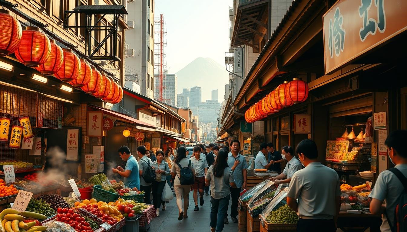 A bustling Japanese market scene, showcasing the vibrant food culture of Tokyo. In the foreground, an array of colorful fresh produce, steaming street food stalls, and vendors enthusiastically interacting with customers. The middle ground features traditional wooden market stalls, the facades adorned with lanterns and handwritten signs. In the background, the cityscape of Tokyo emerges, with towering skyscrapers and the iconic silhouette of Mount Fuji in the distance. The lighting is warm and golden, creating a welcoming atmosphere. The scene is captured with a wide-angle lens, emphasizing the energy and dynamism of this lively marketplace experience. A bustling Japanese market scene, showcasing the vibrant food culture of Tokyo. In the foreground, an array of colorful fresh produce, steaming street food stalls, and vendors enthusiastically interacting with customers. The middle ground features traditional wooden market stalls, the facades adorned with lanterns and handwritten signs. In the background, the cityscape of Tokyo emerges, with towering skyscrapers and the iconic silhouette of Mount Fuji in the distance. The lighting is warm and golden, creating a welcoming atmosphere. The scene is captured with a wide-angle lens, emphasizing the energy and dynamism of this lively marketplace experience.