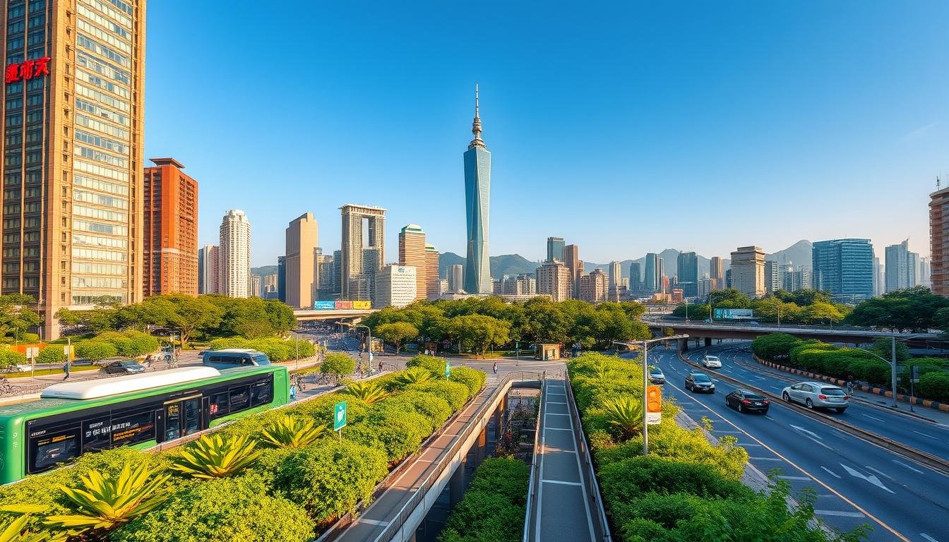 A bustling Taipei cityscape with a vibrant green transportation hub in the foreground. The hub features electric buses, bike-sharing stations, and pedestrian walkways lined with lush vegetation. In the middle ground, towering skyscrapers and bustling streets showcase the city's modern infrastructure, while in the background, the iconic Taipei 101 tower stands tall against a clear blue sky. Warm, diffused lighting creates a welcoming and sustainable atmosphere, highlighting the city's commitment to eco-friendly mobility solutions. The scene conveys a sense of harmony between urban development and environmental preservation. A bustling Taipei cityscape with a vibrant green transportation hub in the foreground. The hub features electric buses, bike-sharing stations, and pedestrian walkways lined with lush vegetation. In the middle ground, towering skyscrapers and bustling streets showcase the city's modern infrastructure, while in the background, the iconic Taipei 101 tower stands tall against a clear blue sky. Warm, diffused lighting creates a welcoming and sustainable atmosphere, highlighting the city's commitment to eco-friendly mobility solutions. The scene conveys a sense of harmony between urban development and environmental preservation.