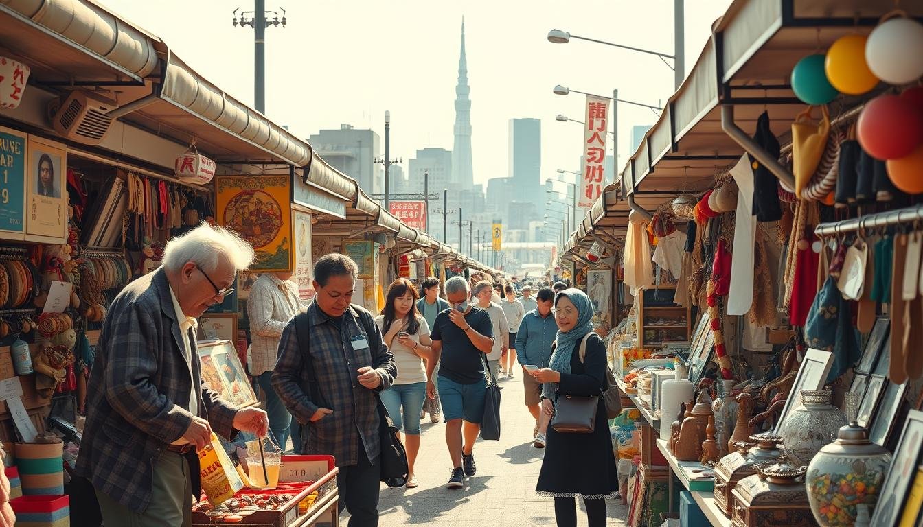 A bustling Tokyo flea market, with rows of colorful stalls showcasing an eclectic array of vintage treasures and handmade crafts. Bright natural light filters through the open-air setting, casting a warm, inviting glow over the scene. In the foreground, an elderly vendor negotiates with a young bargain hunter, their animated exchange captured in a moment of lively interaction. In the middle ground, shoppers meander through the maze of stalls, examining antique trinkets and one-of-a-kind curiosities. Framing the market, the iconic Tokyo skyline rises in the distance, a blend of modern high-rises and historic architecture. The overall atmosphere exudes a vibrant, artisanal energy, inviting the viewer to immerse themselves in the vibrant sights and sounds of this cherished Tokyo tradition.