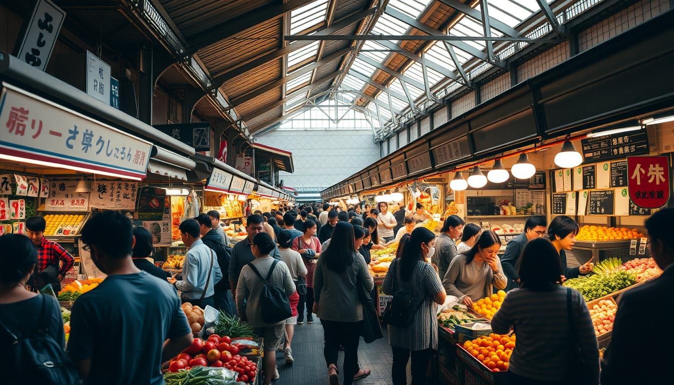 A bustling Tokyo market scene during peak hours, with vibrant stalls, lively crowds, and a palpable energy. The foreground showcases an array of seasonal produce, from fresh fruits and vegetables to artisanal street food. In the middle ground, vendors enthusiastically engage with customers, haggling and showcasing their wares. The background reveals the architectural details of the market's covered structure, bathed in warm, natural lighting filtering through the skylights. The overall atmosphere evokes the cyclical nature of the market, where the ebb and flow of activity reflects the changing seasons and traditions of Japanese culture.