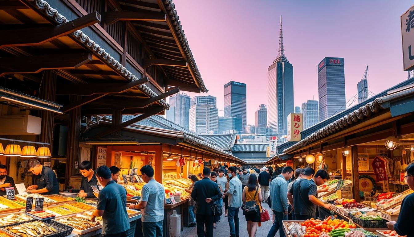 A bustling Tokyo morning market in soft, warm lighting. In the foreground, stalls display an array of fresh seafood, colorful produce, and artisanal wares. Vendors interact with eager customers, showcasing the vibrant culture of this traditional marketplace. The middle ground features the iconic architecture of the market buildings, with their intricate wooden structures and tiled roofs. In the background, the towering skyscrapers of the city skyline provide a captivating contrast, highlighting the seamless blend of old and new in this urban oasis. The scene evokes a sense of community, tradition, and the unique culinary delights that define the essence of the Tokyo morning market experience. A bustling Tokyo morning market in soft, warm lighting. In the foreground, stalls display an array of fresh seafood, colorful produce, and artisanal wares. Vendors interact with eager customers, showcasing the vibrant culture of this traditional marketplace. The middle ground features the iconic architecture of the market buildings, with their intricate wooden structures and tiled roofs. In the background, the towering skyscrapers of the city skyline provide a captivating contrast, highlighting the seamless blend of old and new in this urban oasis. The scene evokes a sense of community, tradition, and the unique culinary delights that define the essence of the Tokyo morning market experience.