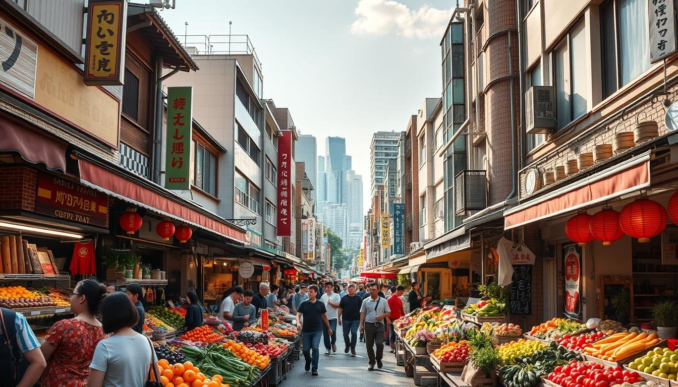 A bustling Tokyo street market, bathed in warm afternoon sunlight. In the foreground, vibrant produce stalls overflow with an abundance of fresh fruits, vegetables, and flowers. Shoppers meander through the crowded aisles, examining the wares and haggling good-naturedly with vendors. The middle ground features a mix of traditional Japanese shops and modern boutiques, their facades adorned with colorful signage and lanterns. In the distance, the skyline of towering skyscrapers rises, creating a striking contrast between the historic and the contemporary. The atmosphere is lively and inviting, with the sounds of sizzling street food, lively conversations, and the occasional call of a merchant. An immersive scene that captures the essence of a quintessential Tokyo market experience. A bustling Tokyo street market, bathed in warm afternoon sunlight. In the foreground, vibrant produce stalls overflow with an abundance of fresh fruits, vegetables, and flowers. Shoppers meander through the crowded aisles, examining the wares and haggling good-naturedly with vendors. The middle ground features a mix of traditional Japanese shops and modern boutiques, their facades adorned with colorful signage and lanterns. In the distance, the skyline of towering skyscrapers rises, creating a striking contrast between the historic and the contemporary. The atmosphere is lively and inviting, with the sounds of sizzling street food, lively conversations, and the occasional call of a merchant. An immersive scene that captures the essence of a quintessential Tokyo market experience.