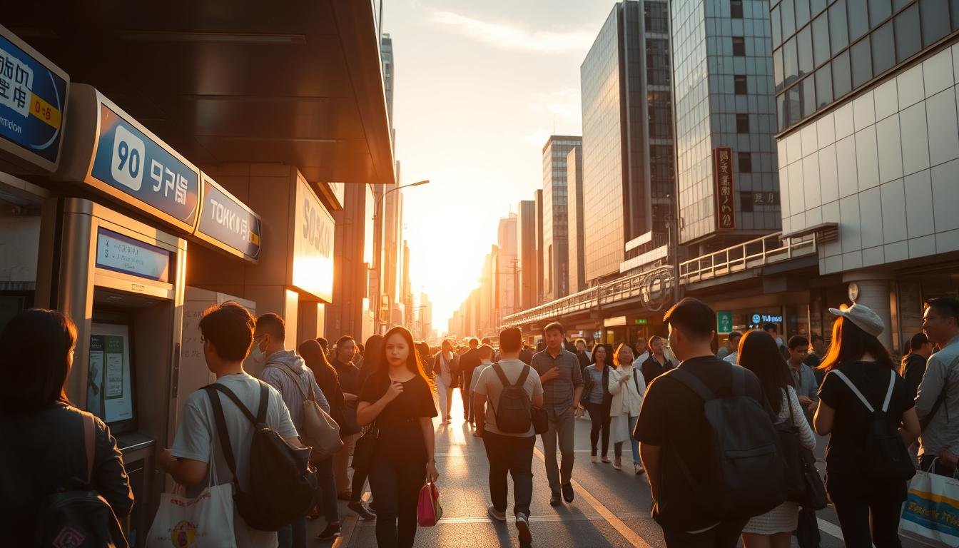 A bustling Tokyo street scene, bathed in warm golden light from the setting sun. In the foreground, a group of commuters stand in line, patiently waiting to purchase transit tickets from a futuristic-looking ticketing kiosk. The middle ground reveals a diverse array of pedestrians, some carrying shopping bags, others chatting with friends, all navigating the well-connected network of public transportation. In the background, the iconic silhouettes of high-rise buildings and the occasional glimpse of a monorail or elevated train track hint at the scale and efficiency of Tokyo's renowned transit system. The overall atmosphere conveys a sense of urban exploration, with the transit tickets serving as the key to unlocking the hidden gems and vibrant culture of this captivating metropolis.