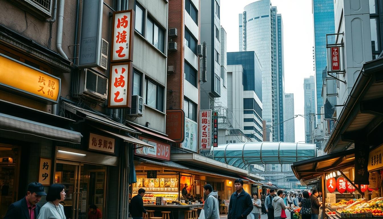 A bustling Tokyo street, where the old and new coexist harmoniously. In the foreground, a traditional narrow alley lined with quaint mom-and-pop shops, their weathered facades and neon signs casting a warm glow. Locals browse the stalls, haggling over fresh produce and artisanal wares. In the middle ground, a modern covered market emerges, its sleek glass and steel structure housing a vibrant array of food vendors, their stalls overflowing with colorful, fragrant ingredients. The background is punctuated by towering skyscrapers, a testament to the city's rapid development, their reflective surfaces blending seamlessly with the old-world charm of the neighborhood. Warm, diffused lighting filters through, creating a soft, inviting atmosphere that celebrates the harmony between past and present. A bustling Tokyo street, where the old and new coexist harmoniously. In the foreground, a traditional narrow alley lined with quaint mom-and-pop shops, their weathered facades and neon signs casting a warm glow. Locals browse the stalls, haggling over fresh produce and artisanal wares. In the middle ground, a modern covered market emerges, its sleek glass and steel structure housing a vibrant array of food vendors, their stalls overflowing with colorful, fragrant ingredients. The background is punctuated by towering skyscrapers, a testament to the city's rapid development, their reflective surfaces blending seamlessly with the old-world charm of the neighborhood. Warm, diffused lighting filters through, creating a soft, inviting atmosphere that celebrates the harmony between past and present.