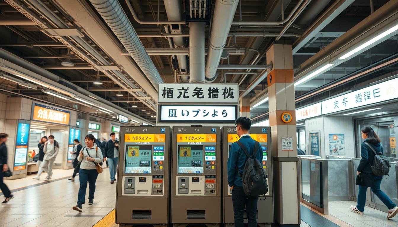 A bustling Tokyo subway station, with a focal point on the ticket vending machines and fare gate area. The scene is brightly lit, with a warm, inviting atmosphere conveyed through the soft, diffused lighting and clean, modern design elements. The ticket machines are prominently displayed, showcasing the various fare options and passes available. Passengers are moving through the station, creating a sense of energy and motion. The background features architectural details like steel beams, tiled floors, and digital signage, all contributing to the urban, transportation-focused setting. The overall composition is balanced, drawing the viewer's attention to the key focal points while maintaining a sense of depth and context.